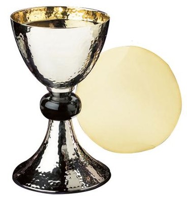 Hammered Nickel-Plated & Enamel Chalice with Paten Set   - 