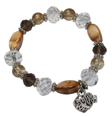 Natural Wood Beaded Stretch Bracelet with Heart Shaped Prayer Locket  - 