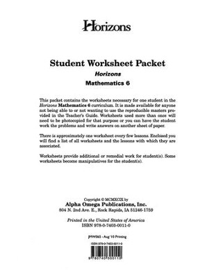 Horizons Mathematics Grade 6 Student worksheet packet  - 