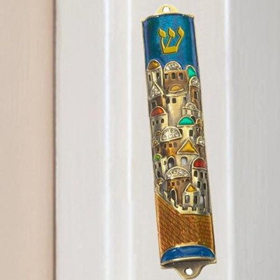 Jerusalem Mezuzah w/Shin Painted Pewter   - 