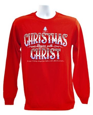 Christmas Begins With Christ, Long Sleeve Tee Shirt, Red, Large  - 