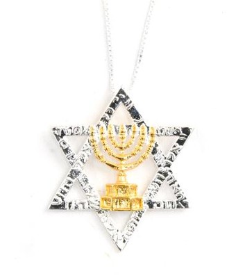 Silver Star of David with Menorah, Necklace   - 