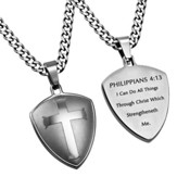 Christ My Strength Shield Cross Necklace, Silver