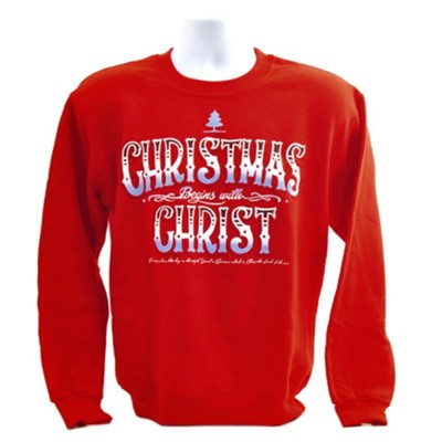 Christmas Begins With Christ, Crew Neck Sweatshirt, Red, Large  - 
