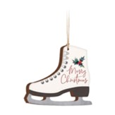 Merry Christmas, Ice Skate Ornament, White with Holly
