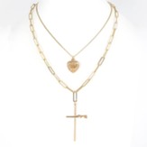 Heart and Cross Double Row Necklace, Goldtone