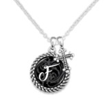 Cross and Initial, Letter F, Charm Necklace, Silver and Black