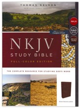 NKJV Comfort Print Full Color Study Bible, Premium Calfskin Leather, Brown, Indexed - Slightly Imperfect