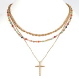 Three Row Layered Necklace with Cross