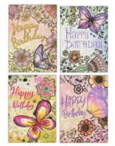 Floral and Butterflies with Gold Accents Birthday Cards, Box of 12