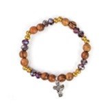 Stretch Bracelet with Olive Wood, Gold and Purple Beads & Cross with Dove Dangle