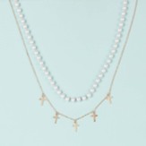 Double Layered Pearl & Cross Necklace, Matte Gold