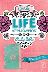 NLT Girls Life Application Study Bible--soft leather-look, teal/pink with flowers