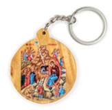 Byzantine Nativity, Round, Holy Land Olive Wood Icon Keychain