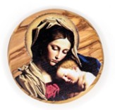 Madonna and Sleeping Child, Round, Holy Land Olive Wood Icon Magnet