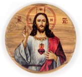 Jesus Christ Sacred Heart, Round, Holy Land Olive Wood Icon Magnet