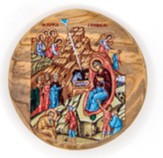 Byzantine Nativity, Round, Holy Land Olive Wood Icon Magnet