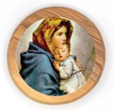 Mother Mary and Child Jesus, Round, Holy Land Olive Wood Icon Magnet