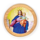 Mary Help of Christians, Round, Holy Land Olive Wood Icon Magnet