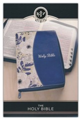 KJV Large-Print Thinline Bible--soft leather-look, blue/printed floral with zipper