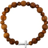 Olive Wood Stretch Bracelet, Beads and Inlet Cross