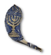 Menorah Shofar: Blue and Gold Painted - Large (14-16 inches)