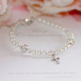 First Communion Pearl Bracelet with Cross and Crystals