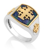 Gold Plated Triple Jerusalem Cross Ring with Azurite Stone, Size 13