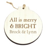 Personalized, Wooden Ornament, Round, Merry and Bright, White