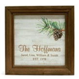 Personalized, Wooden Framed Sign with Pine Cones, Family, White