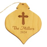 Personalized, Wooden Bulb Ornament, with Cross, Natural