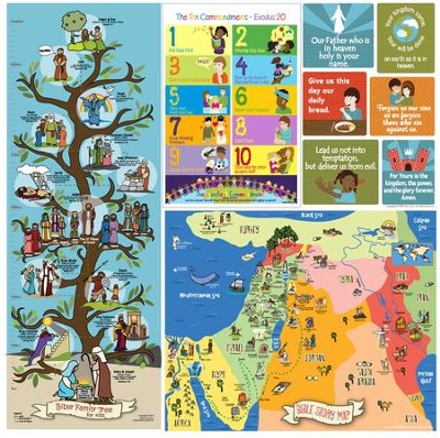 Bible Posters Set of 4 (Bible Story Map, Bible Family Tree, Lord's Prayer, Ten Commandments)  - 