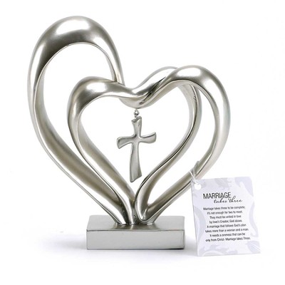 Double Heart with Cross Figure, Silver  - 