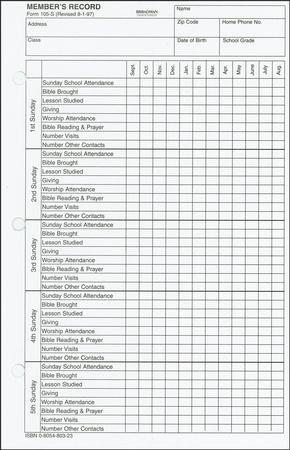 Member's Record, Form 105-S - Sunday School Record Sheet (pack of 100 ...