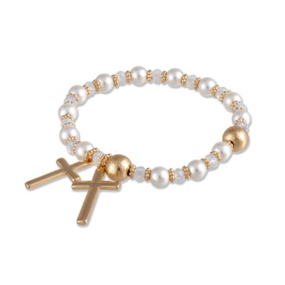 Pearl Beaded Stretch Bracelet, Cross Drop Charms, Shiny Gold  - 