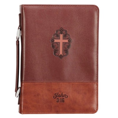 John 3:16 Bible Cover with Cross, LuxLeather Brown, Large  - 