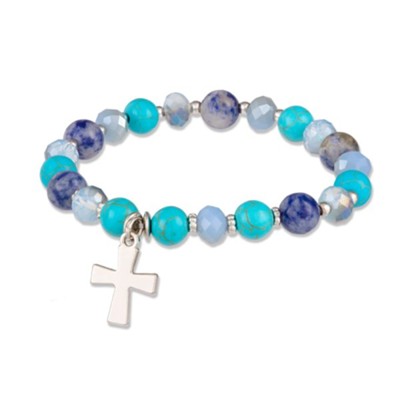 Beaded Stretch Bracelet with Cross Charm, Turquoise and Blue  - 