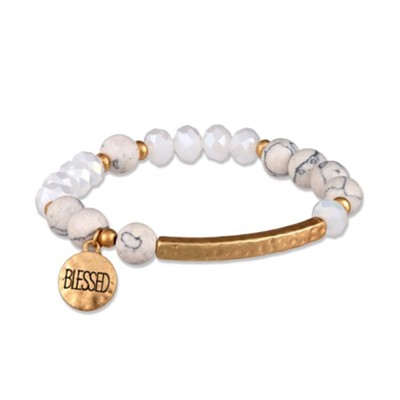 Beaded Stretch Bracelet with Gold ID Bar and Blessed Charm  - 