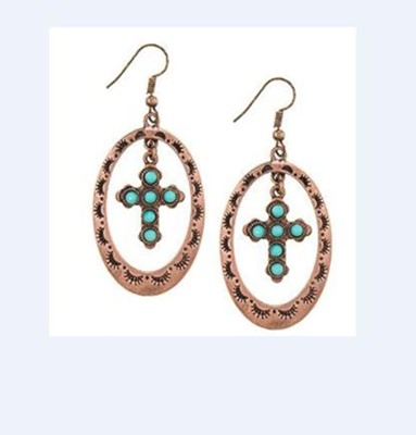 Burnished Copper Cross with Turquoise Stones Earrings  - 