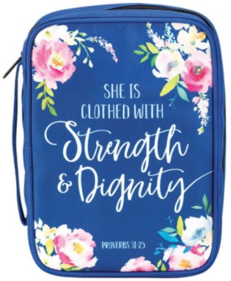 She is Clothed With Strength and Dignity Bible Cover, Blue, Large  - 