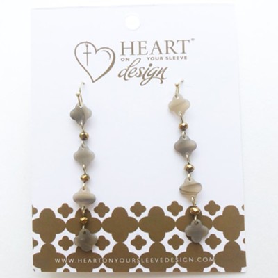 Clover Drop Earrings with Taupe Beads, Gold Plated, Clover Collection  - 