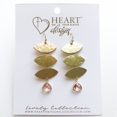 Triple Leaf with Pink Stone Drop Earrings, Gold Dipped, Lovely Collection  - 