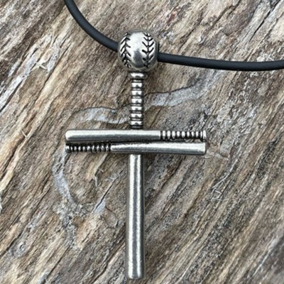 Baseball Bat Cross and Ball on Rubber Cord, Pewter  - 