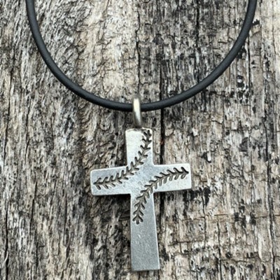 Baseball Cross on Rubber Cord, Silver  - 