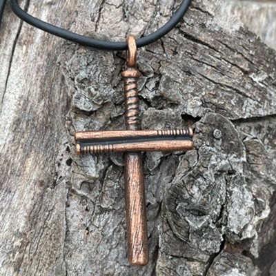 Baseball Bat Cross, Antique Copper, Rubber Cord, Black  - 