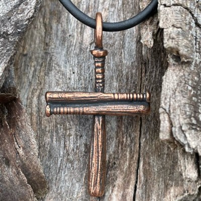 Baseball Cross on Rubber Cord, Antique Copper, Small  - 