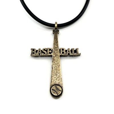 Baseball Cross Necklace, Brass Finish, Black Cord  - 