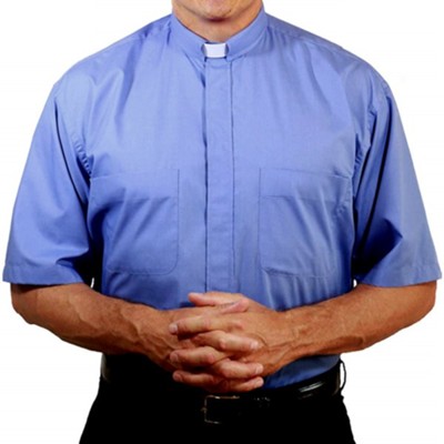 Men's Short Sleeve Clergy Shirt with Tab Collar: Medium Blue, Size 17.5  - 