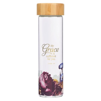 My Grace is Sufficient Glass Water Bottle with Bamboo Lid and Sleeve - 2  Corinthians 12:9