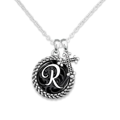 Cross and Initial, Letter R, Charm Bracelet, Silver and Black | from The Heart Jewelry